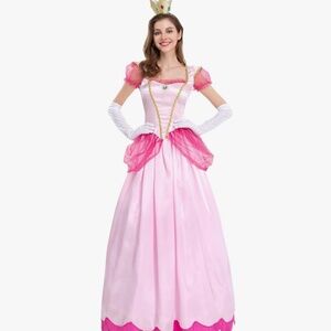 Princess Peach Costume with Crown and Gloves for Adult Women